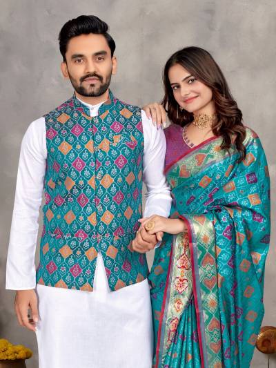 Moh Maya Vol 1 By Welltex Couple Combo Kurta with Koti and Matching Saree Set Wholesaler In India